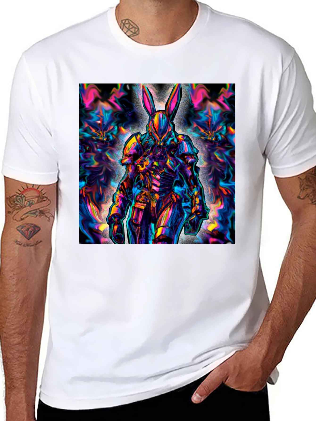 Black Psychedelic Rabbit Warrior Black T-Shirt view 8