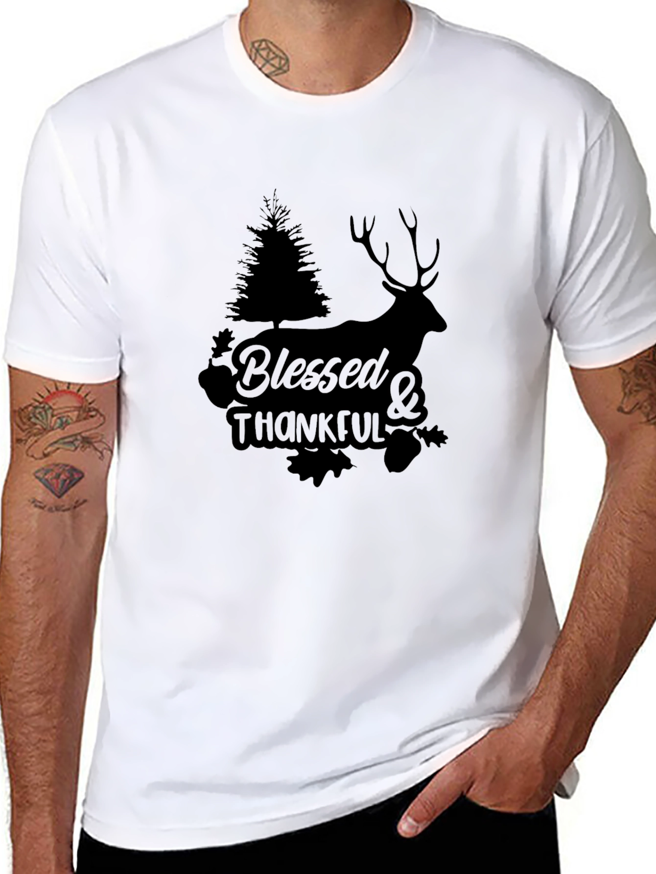 Black Blessed & Thankful Deer Graphic Tee - Black view 8
