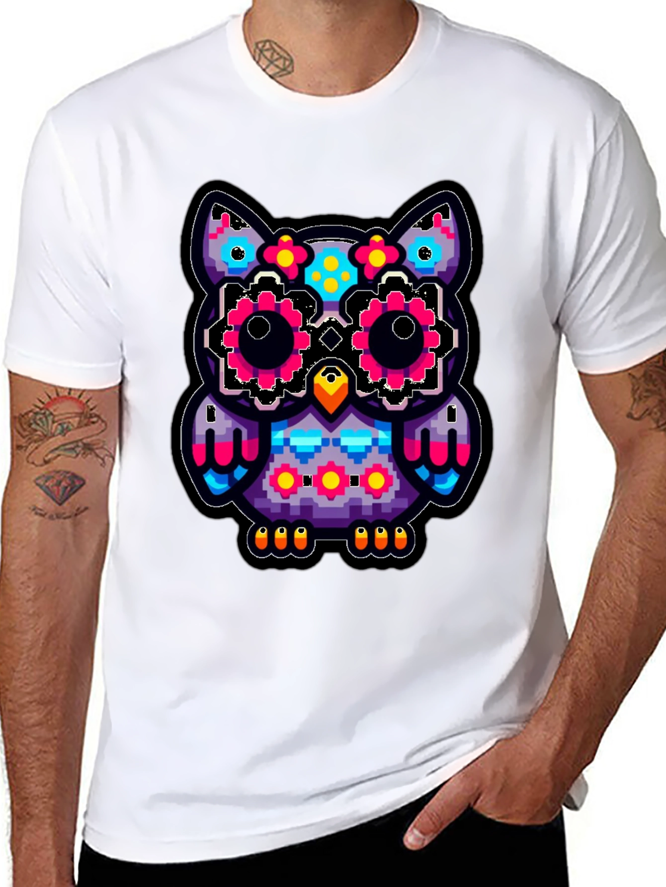 Black Pixel Owl T-Shirt - Colorful Graphic Tee view 8