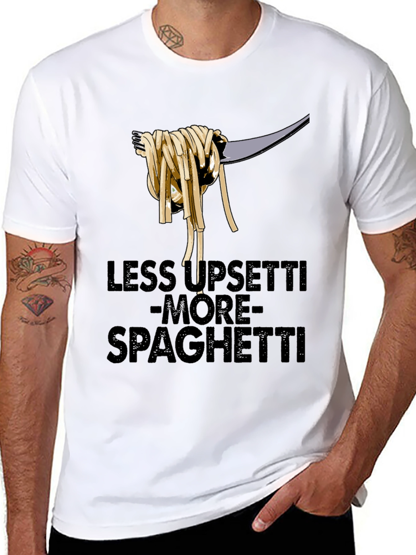 Black Less upsetti more spaghetti t-shirt view 8