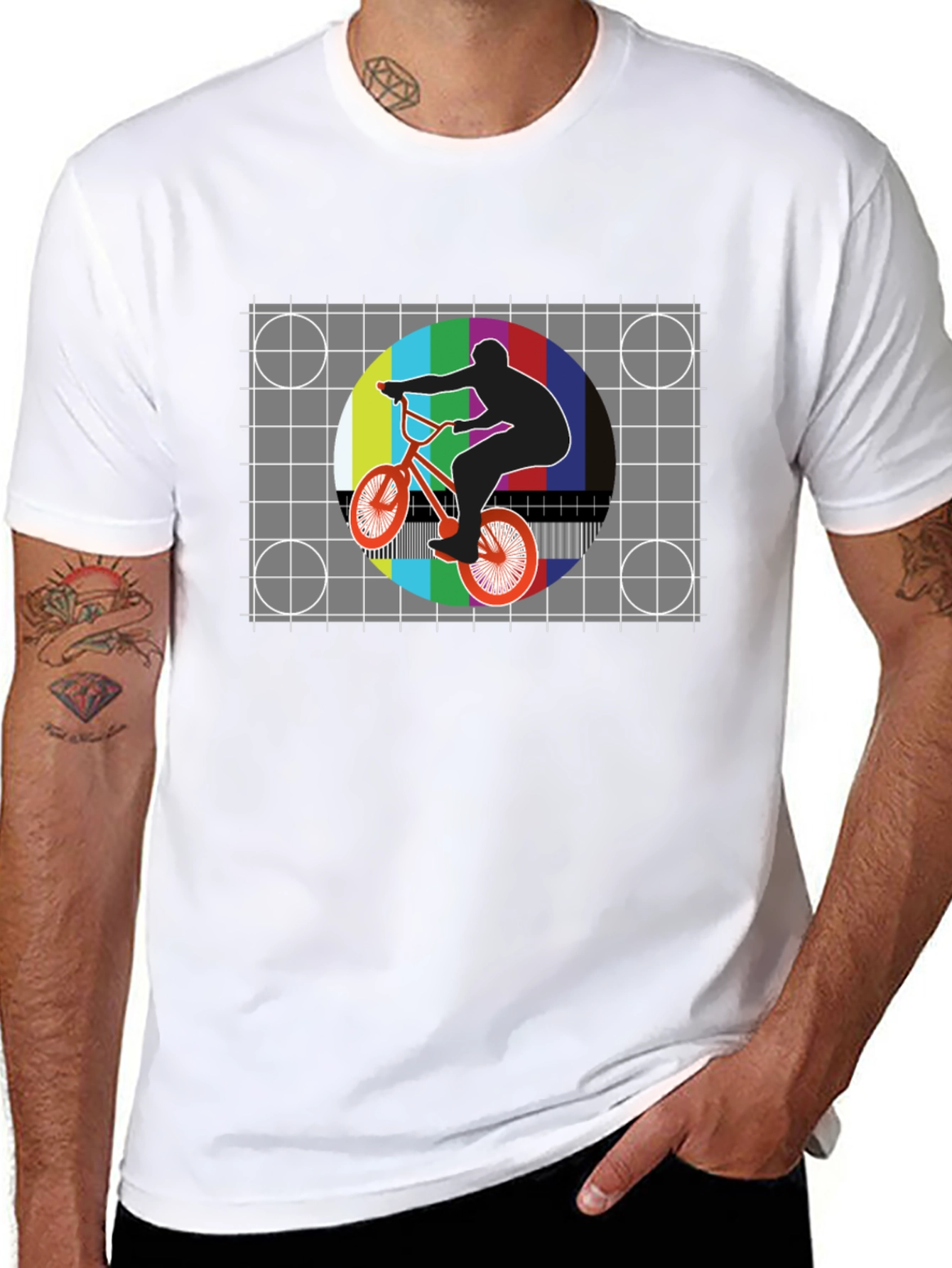 Black Retro BMX Rider Tee - Vintage Test Pattern Graphic view 8