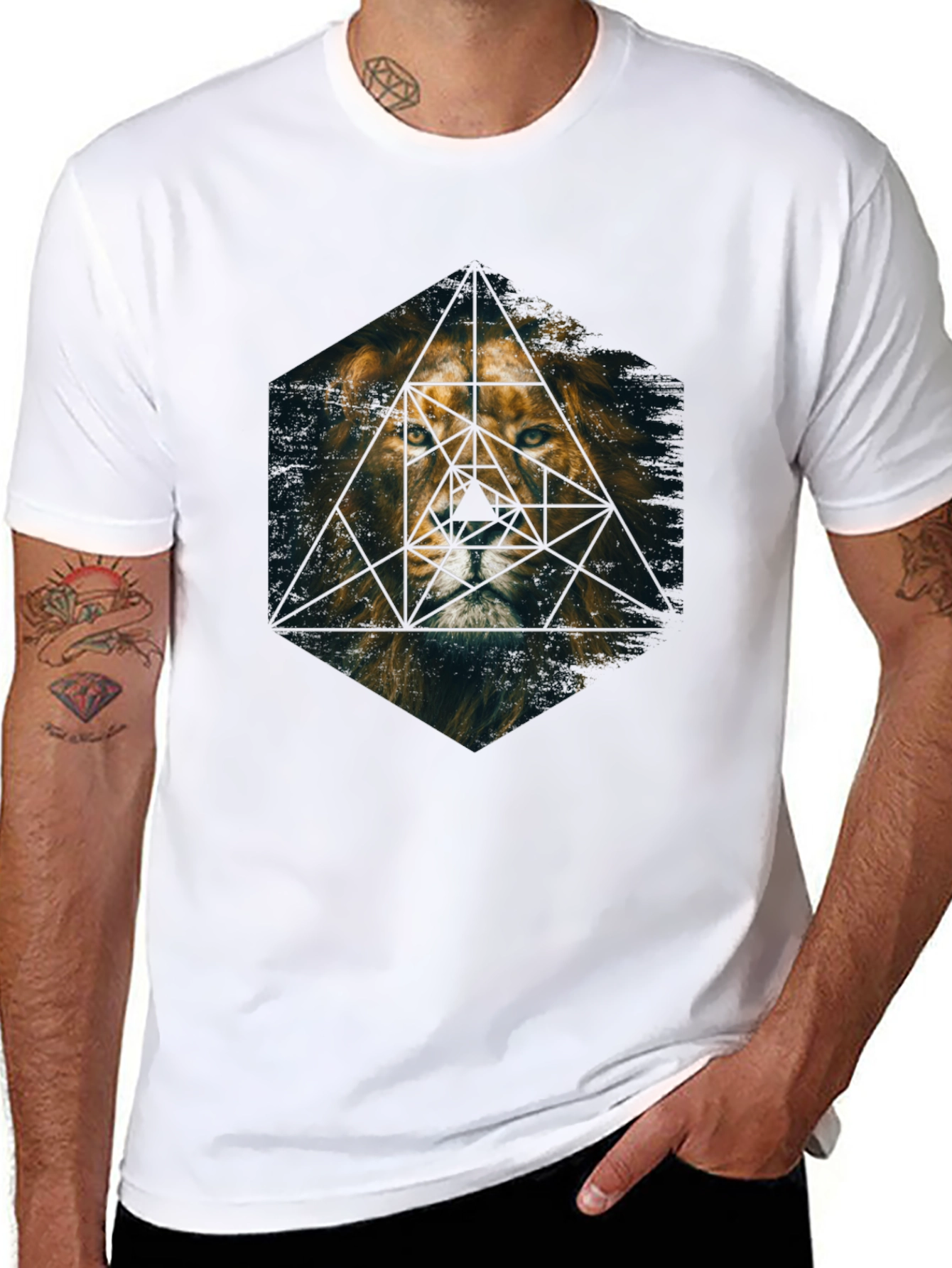 Black Geometric Lion Graphic Print Tee - Premium Men's T-Shirt view 8