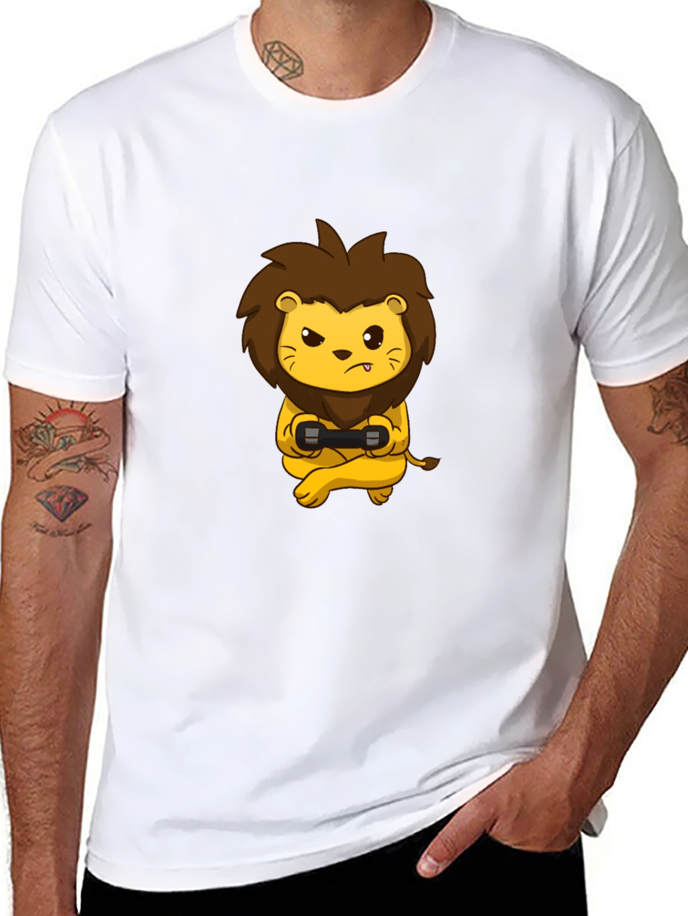 Black Gamer Lion Graphic T-Shirt - Black Cotton Tee view 8