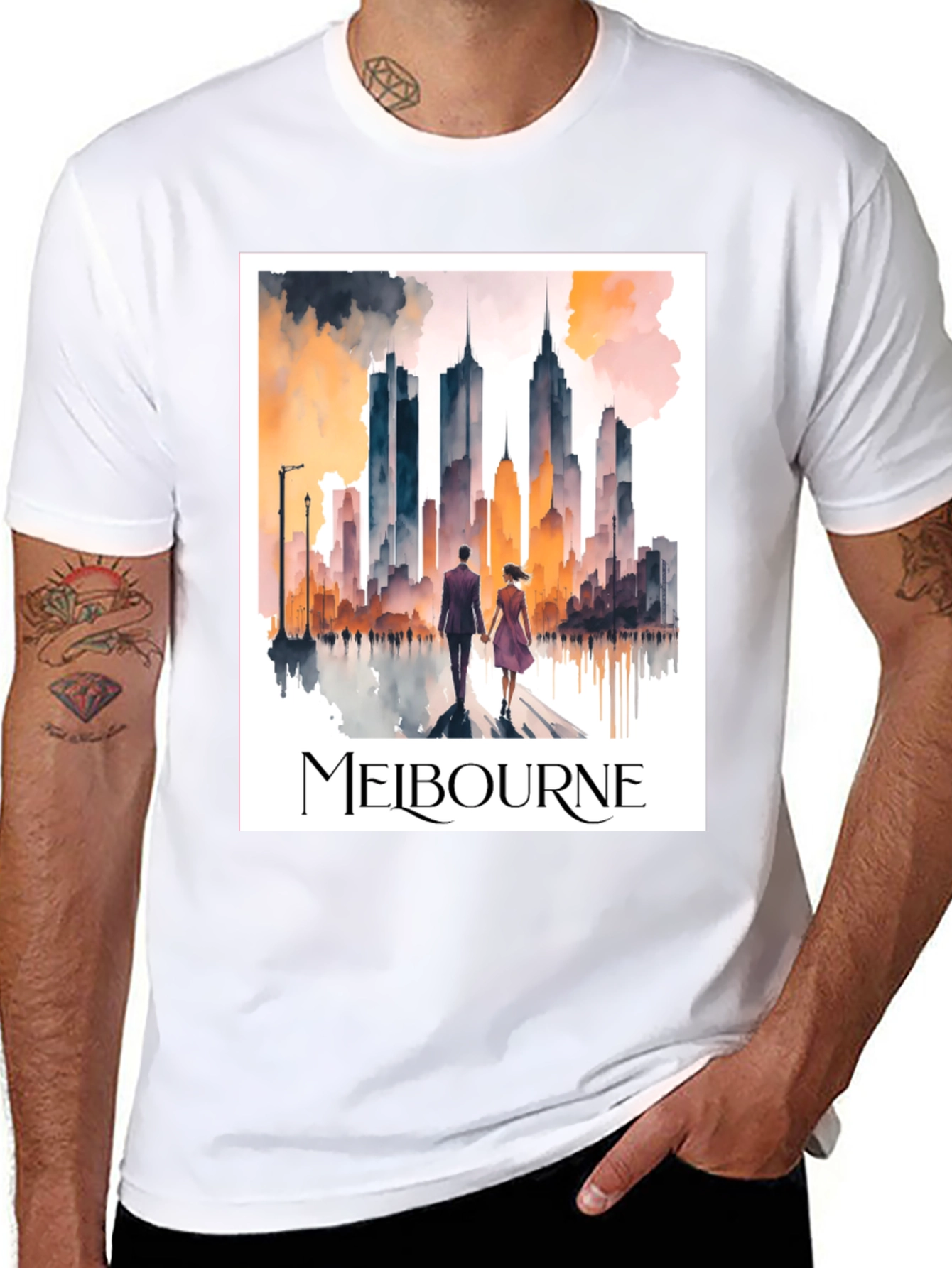 Melbourne Skyline Watercolor Graphic Tee - 8