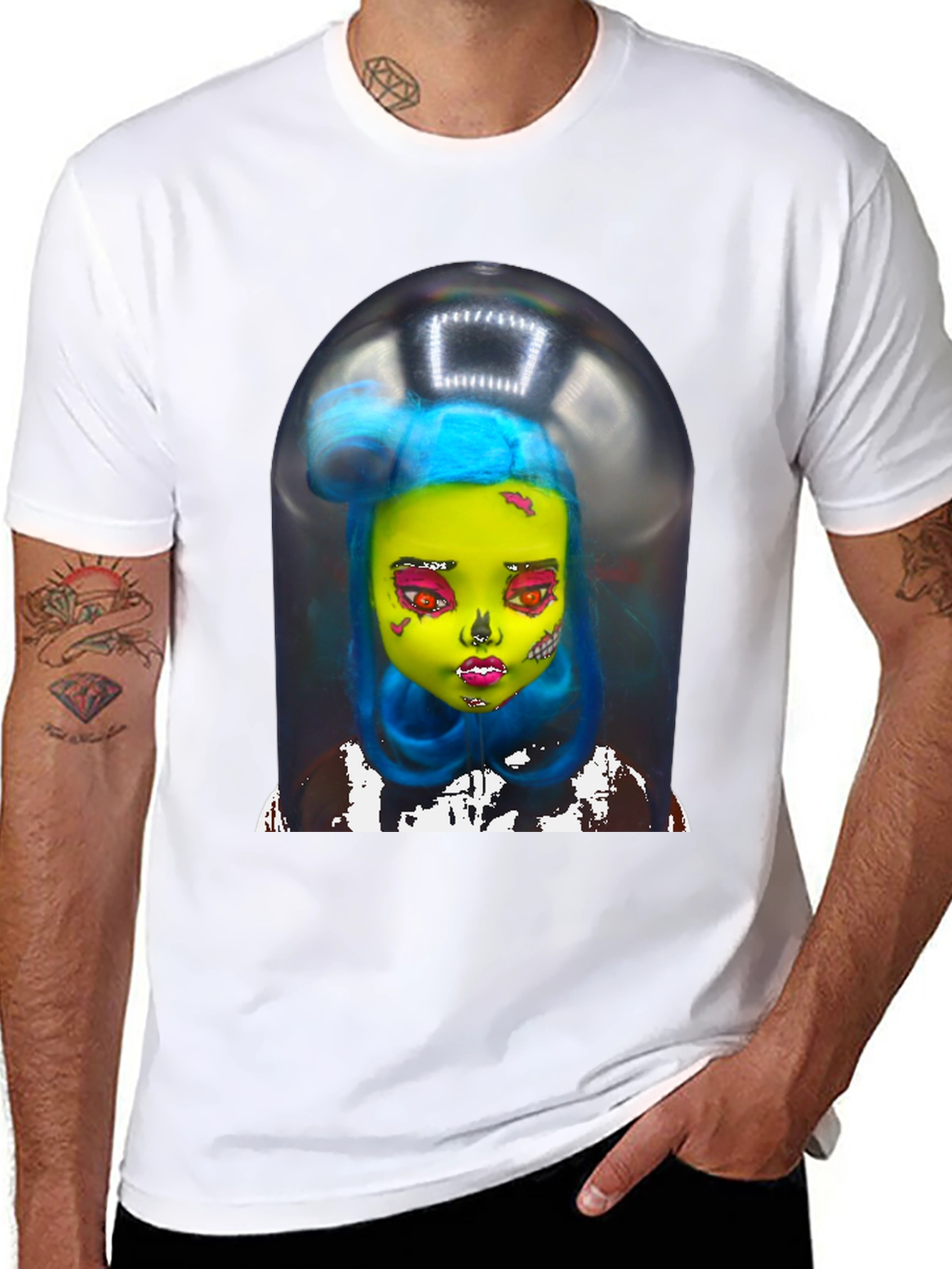 Black Surreal Doll Graphic Tee - Unique Art Shirt view 8