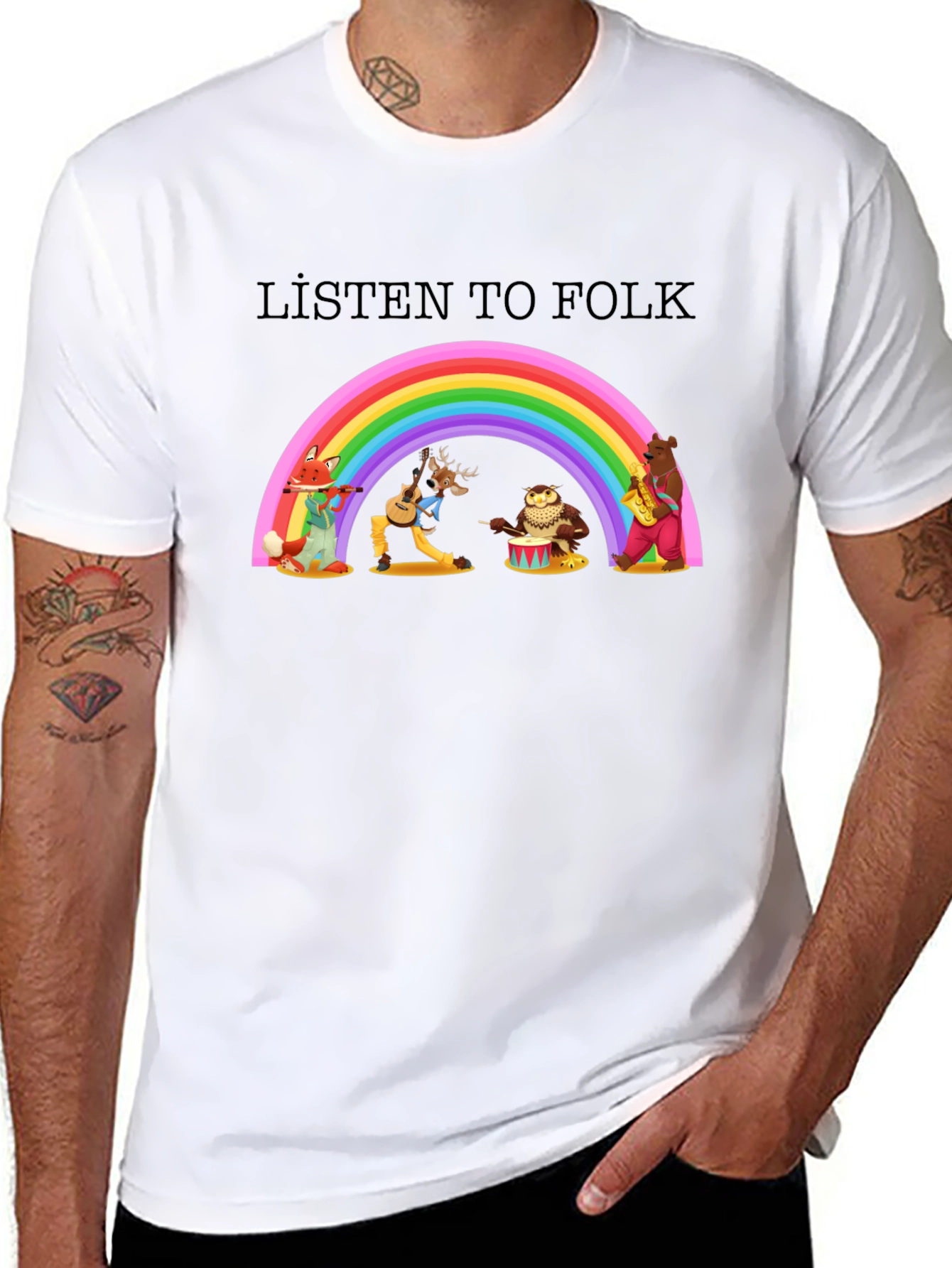 Black Listen to Folk Rainbow T-Shirt view 8