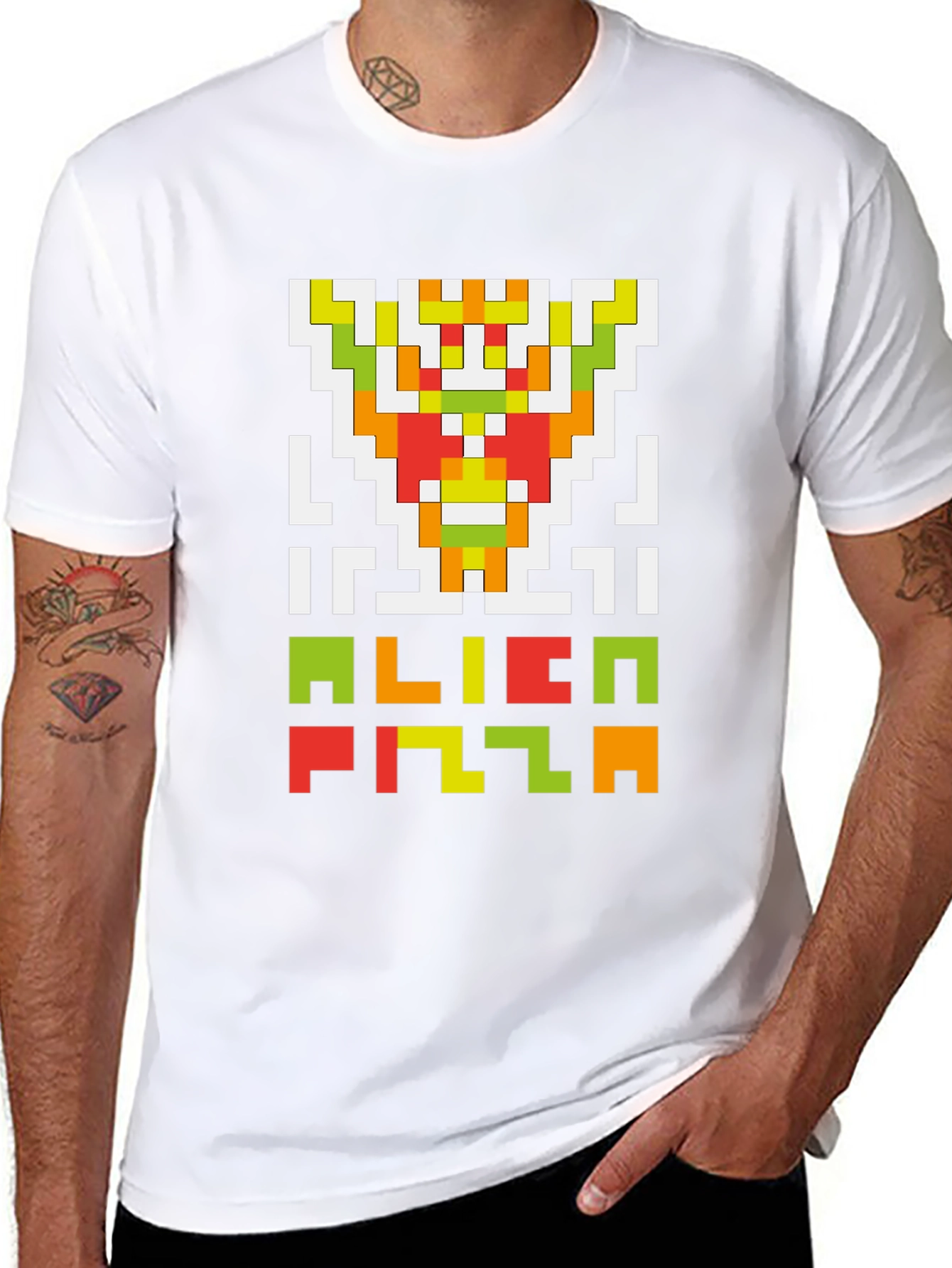 Black Alien Pizza Pixel Art Black T-Shirt view 8