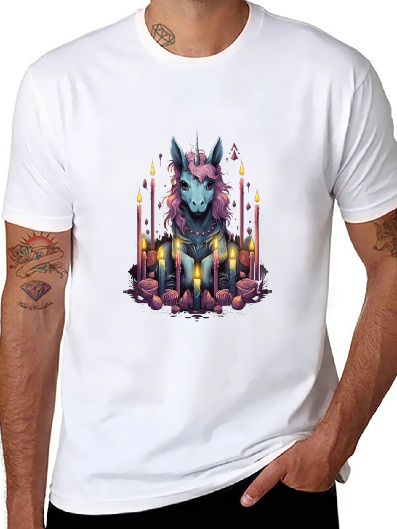 Black Unicorn Candle Graphic T-Shirt - Men's Black Tee view 8