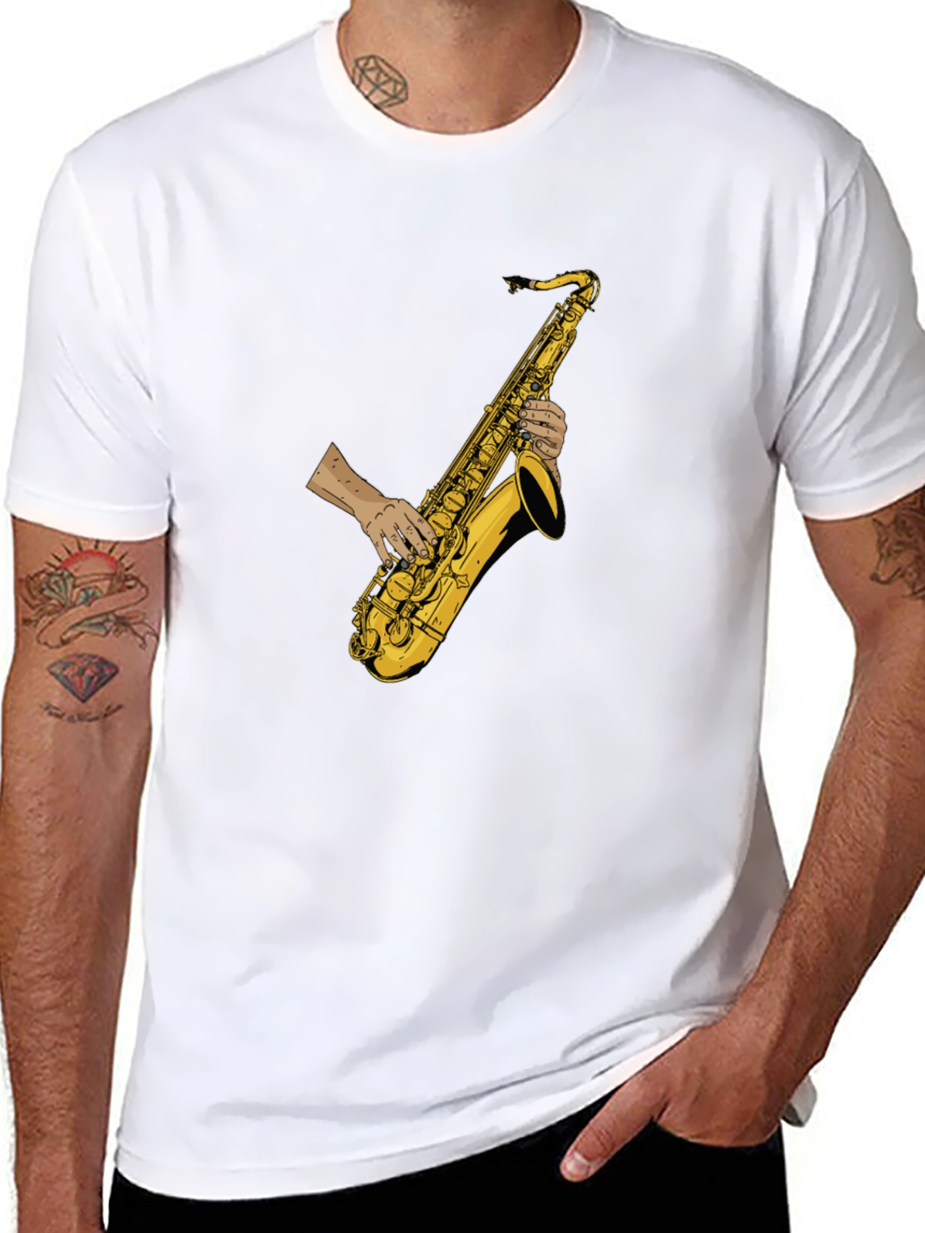 Black Saxophone Player Graphic Tee - Black Cotton T-Shirt view 8