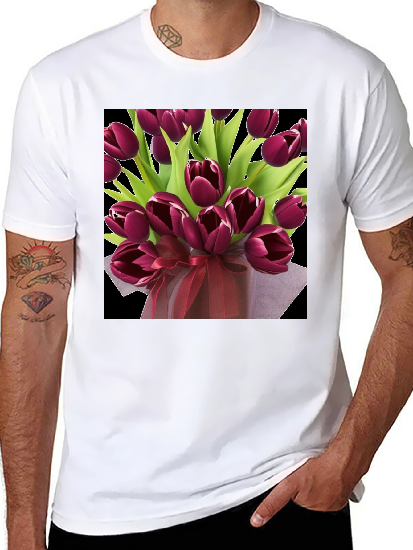 Black Tulip Bouquet Graphic Tee - Elegant Floral Design view 8