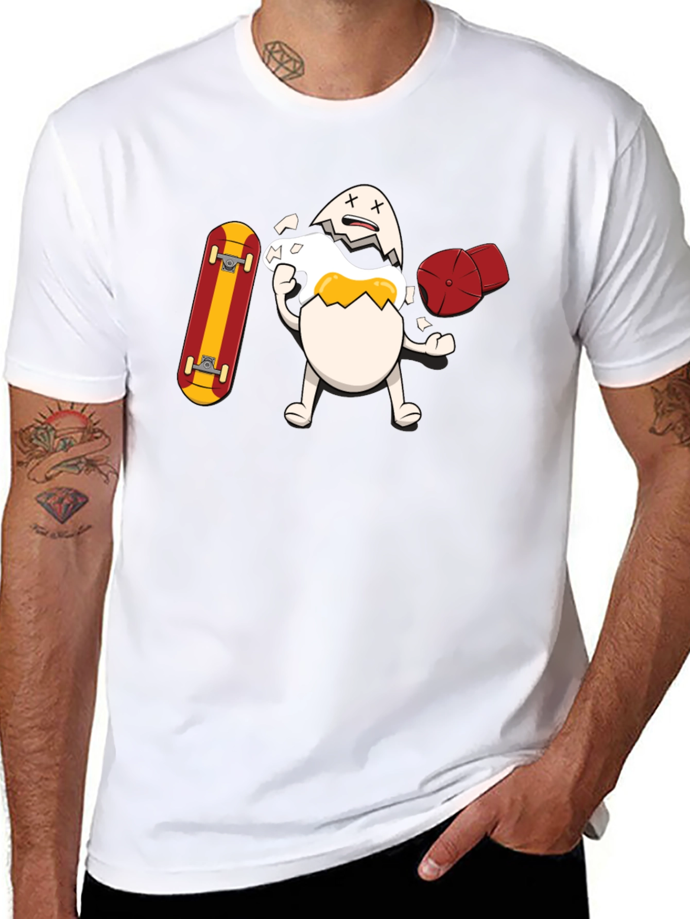 Black Egg-cellent Skater Tee: Broken Egg with Skateboard view 8