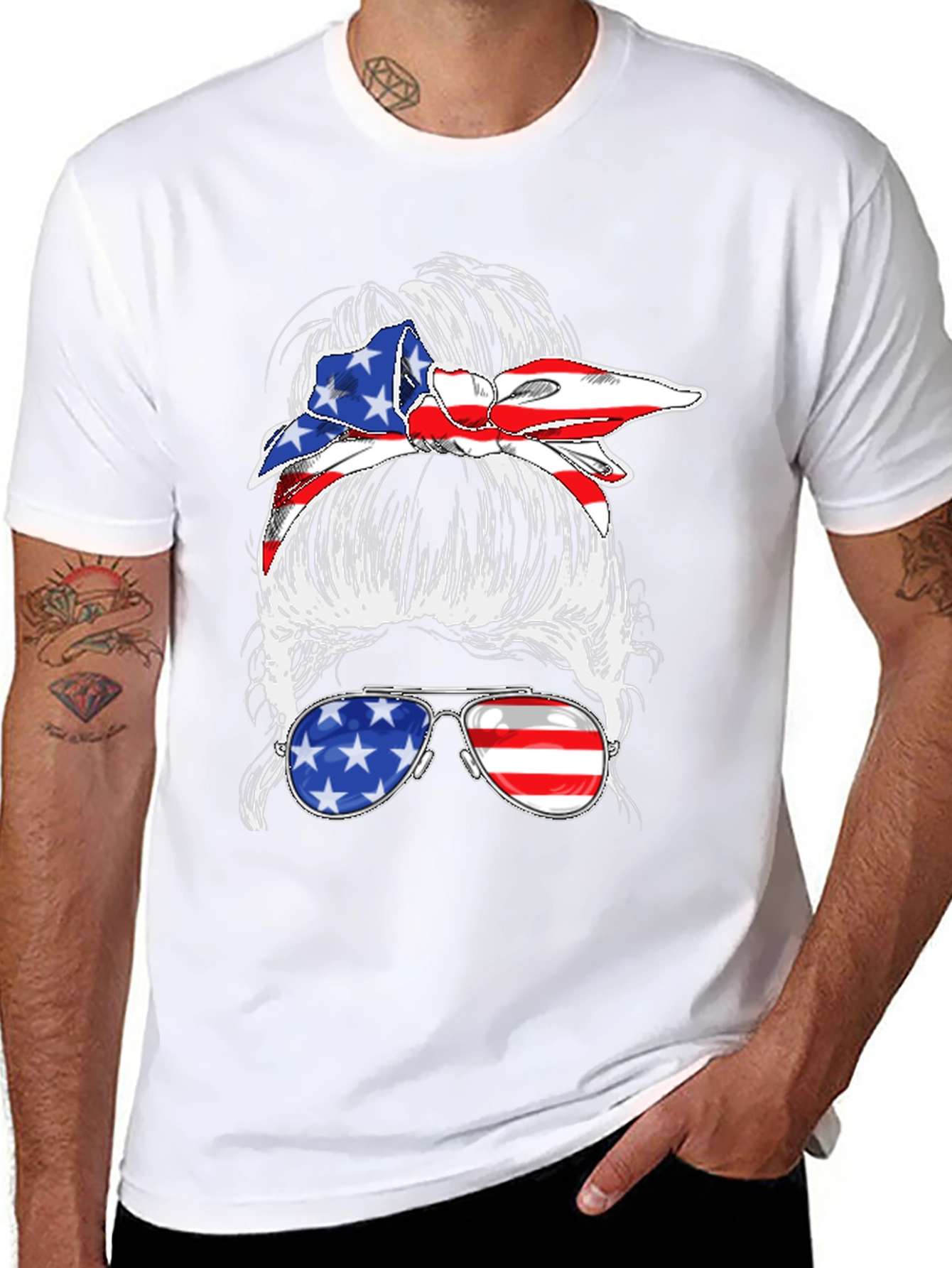 Black Messy Bun American Flag T-Shirt view 8