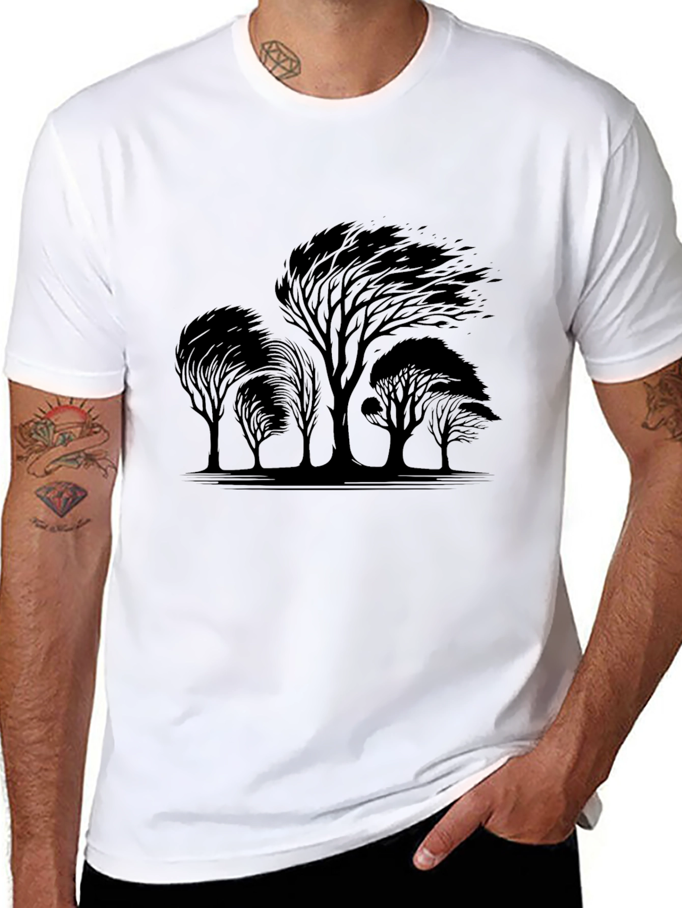 Black Men's Black T-Shirt with Windblown Trees Graphic view 8