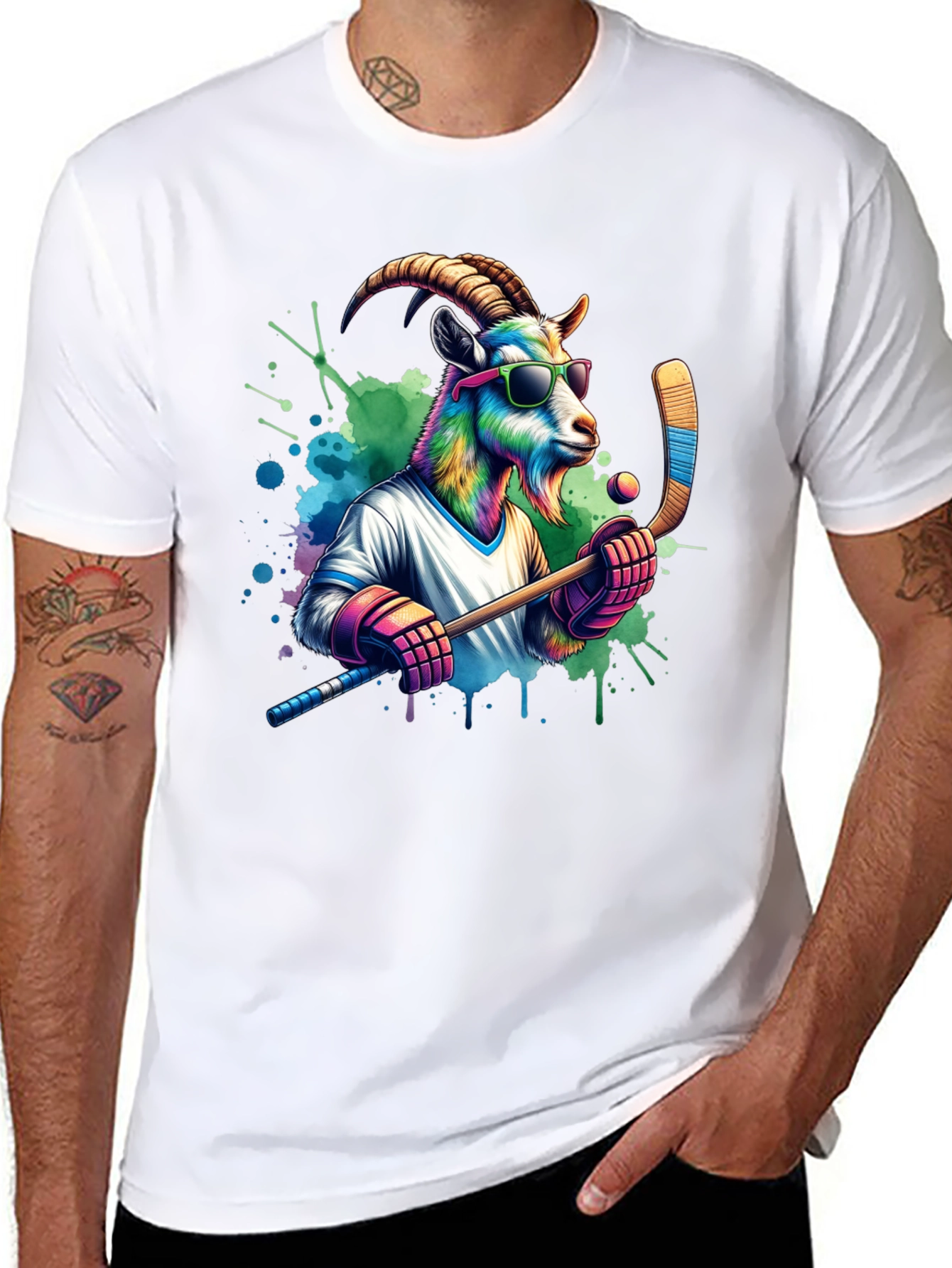 Black Cool Goat Hockey Player Graphic Tee view 8