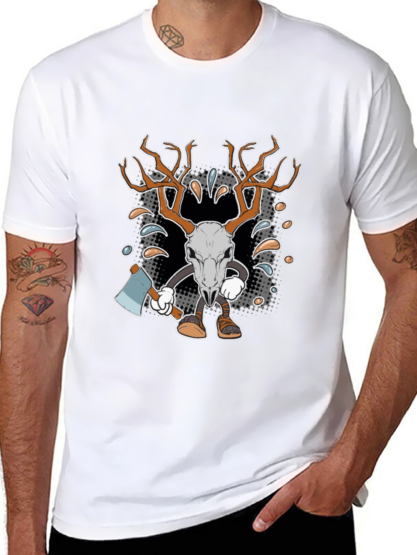 Black Cartoon Deer Skull Axe T-Shirt view 8