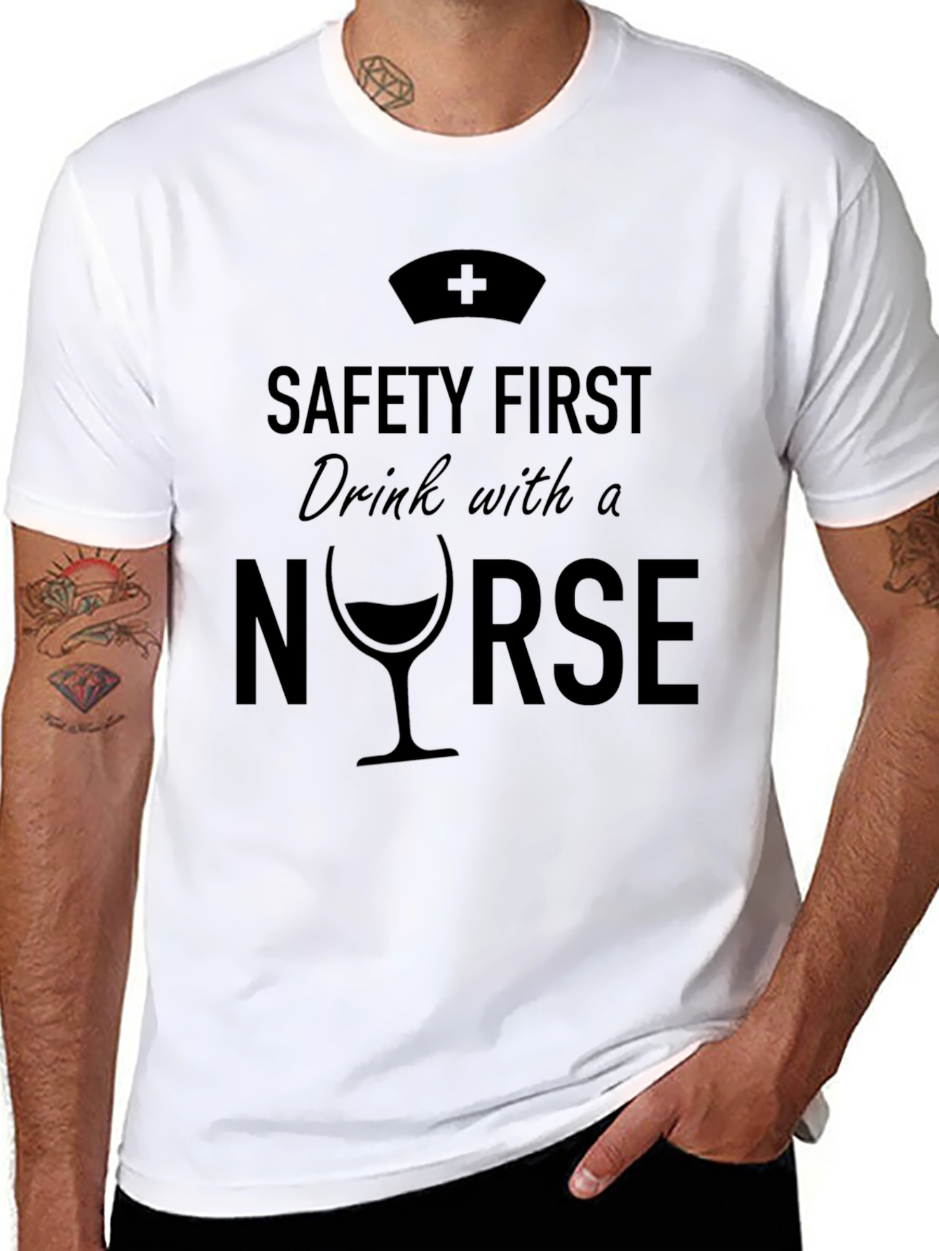 Black Safety First Drink With A Nurse T-Shirt view 8