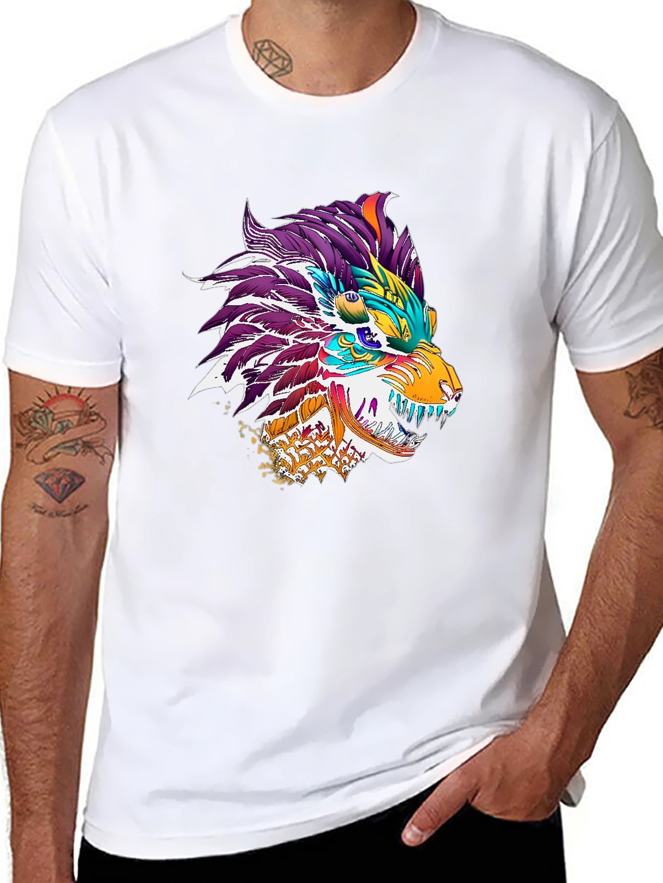 Black Colorful Dragon Wolf Graphic Tee - Black view 8