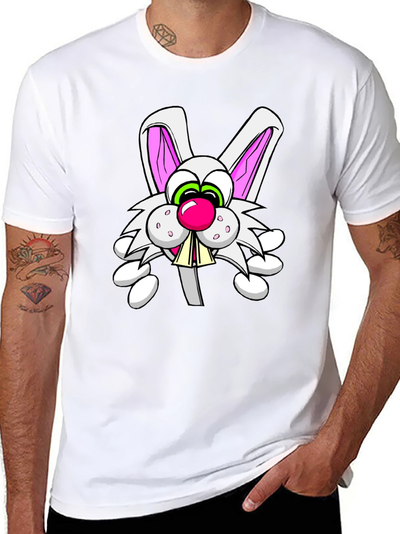 Black Cartoon Rabbit Graphic Tee - Funny Bunny T-Shirt view 8