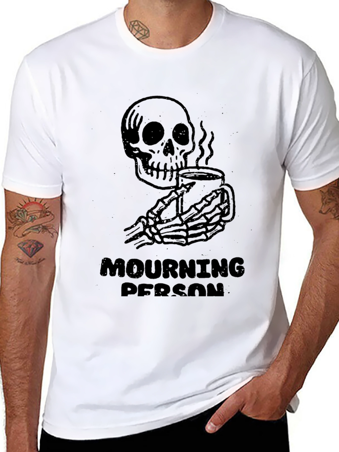 Black Mourning Person T-Shirt - Skeleton Coffee Graphic Tee view 8