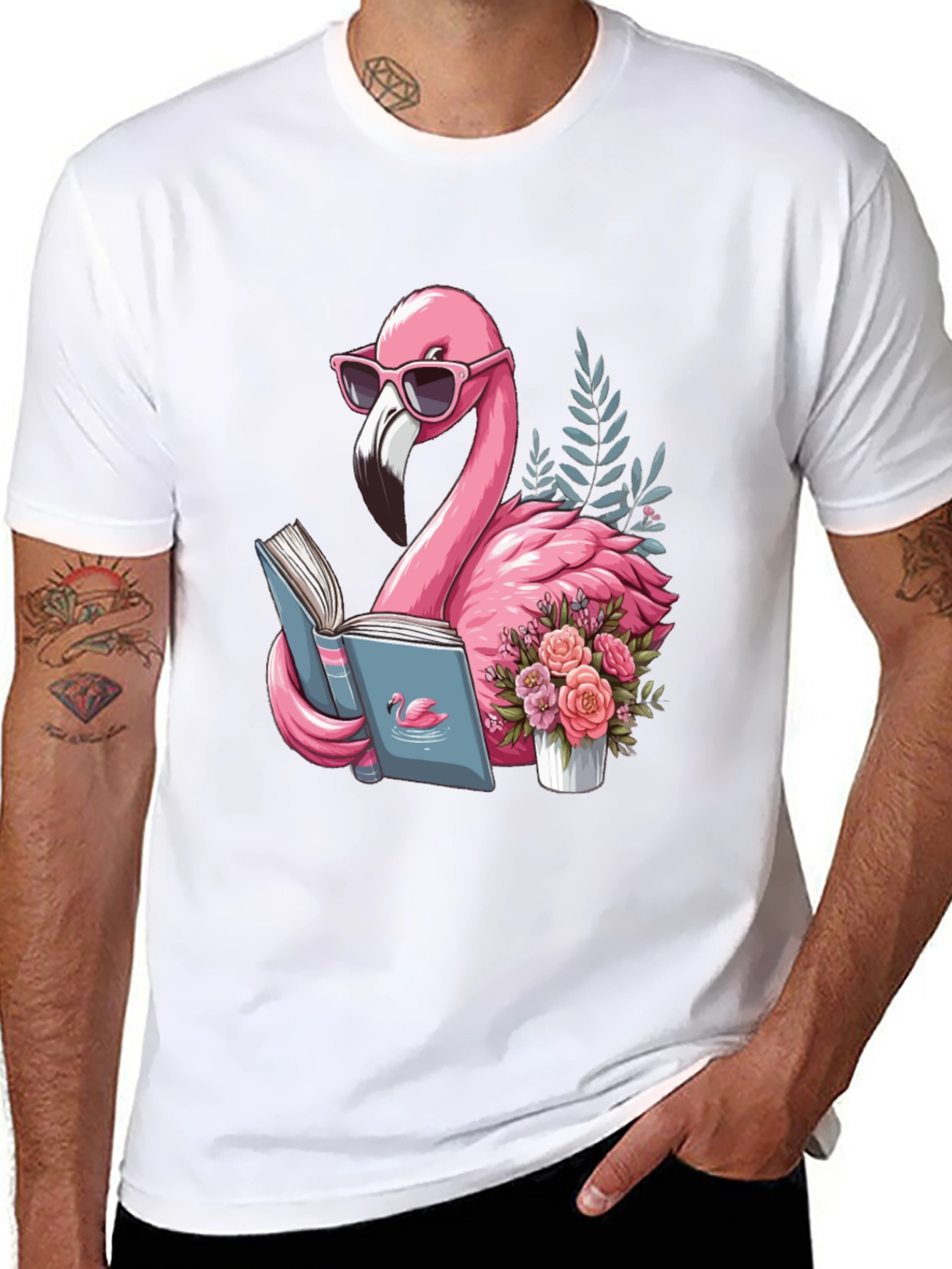 Black Flamingo Reading T-Shirt - Black Cotton Tee view 8