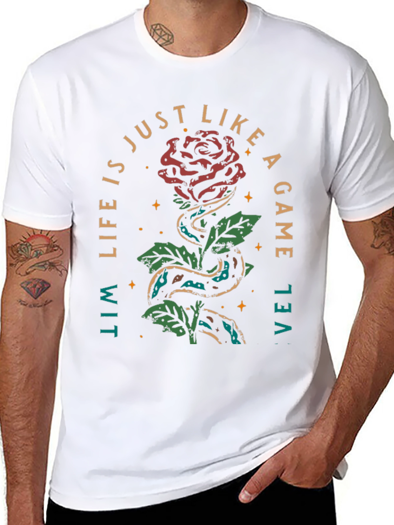 Black Rose & Snake Graphic Tee - Life is a Game T-Shirt view 8