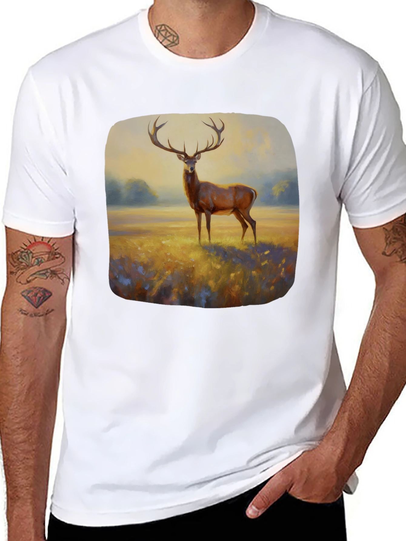 Black Deer Painting Graphic Tee - Nature Inspired Art Shirt view 8