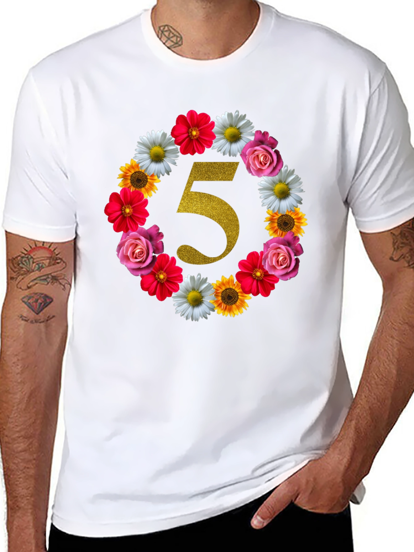 Black Floral Number 5 Birthday T-Shirt view 8