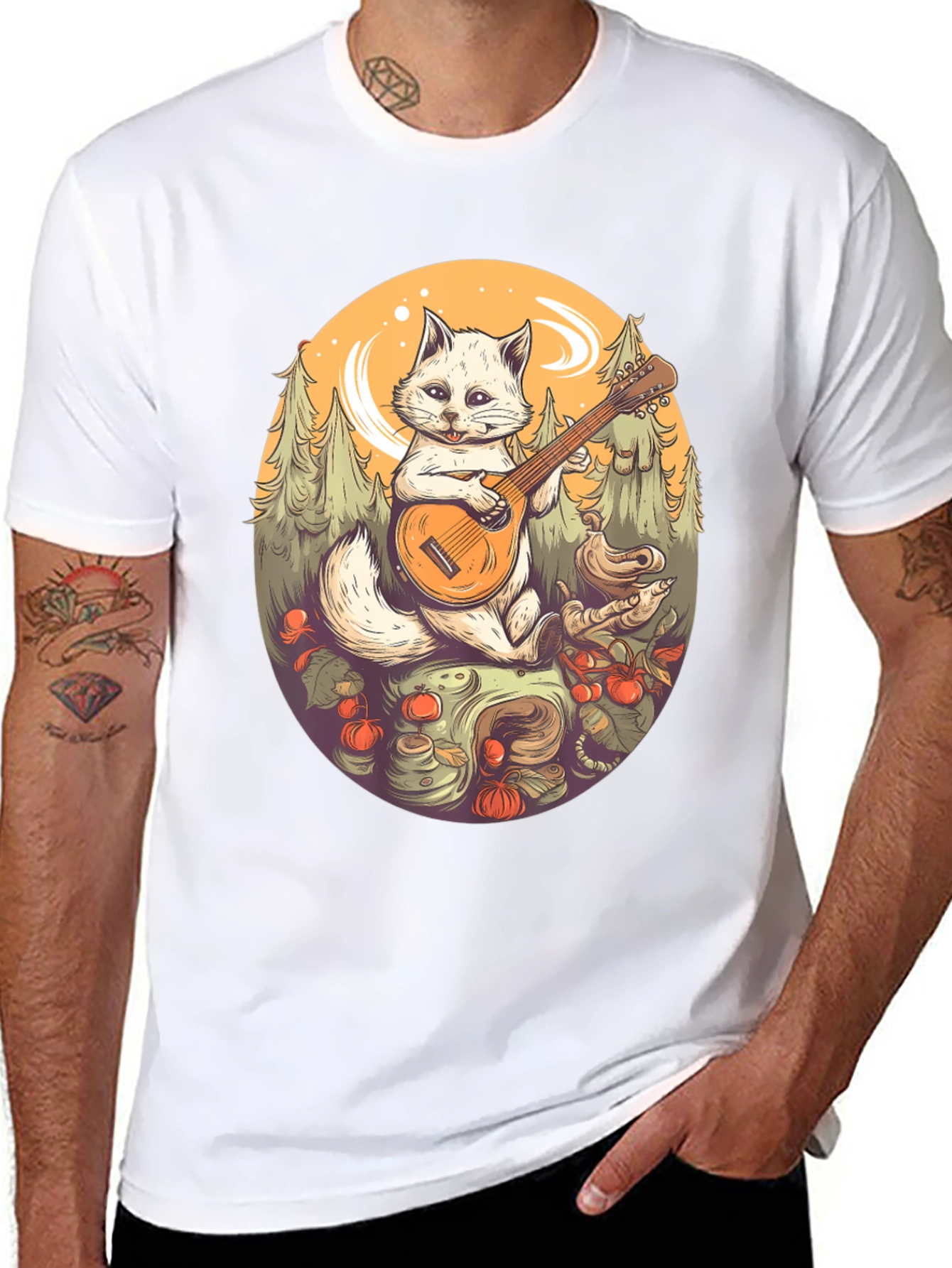 Black Cat Playing Banjo Graphic T-Shirt view 8