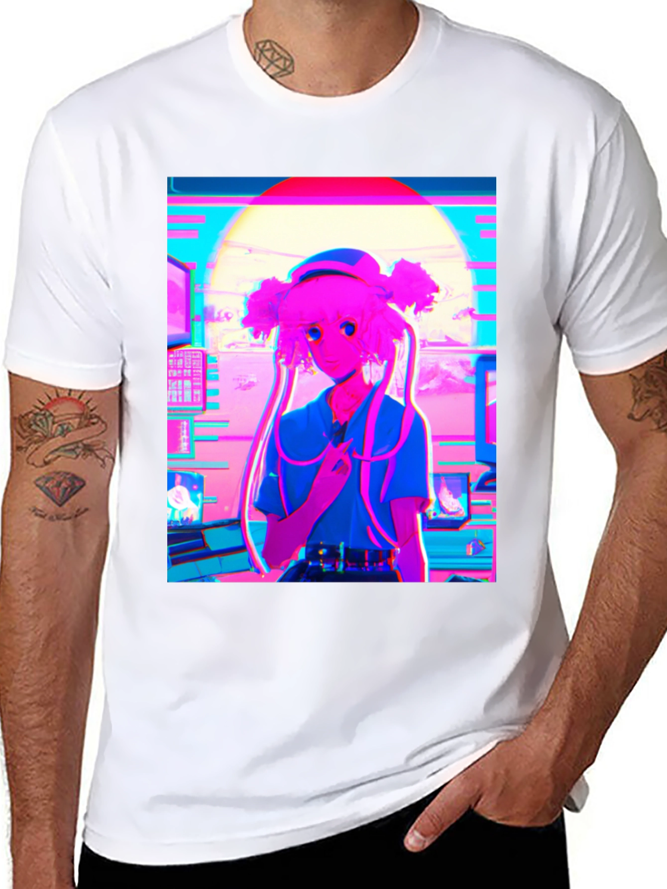 Black Vaporwave Anime Girl Graphic T-Shirt view 8