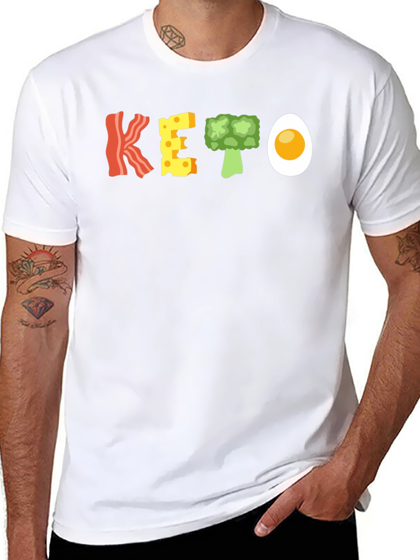 Black Keto Food T-Shirt - Bacon, Cheese, Broccoli, and Egg view 8