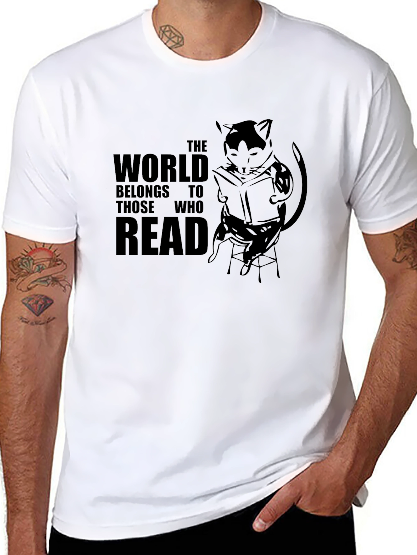 Black Reading Cat Graphic T-Shirt - Unisex Tee view 8