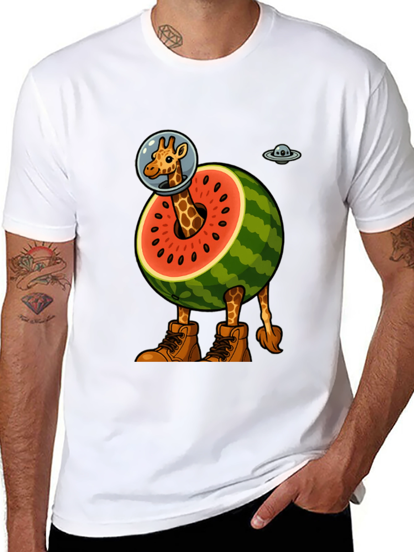 Black Giraffe Astronaut Watermelon T-Shirt view 8