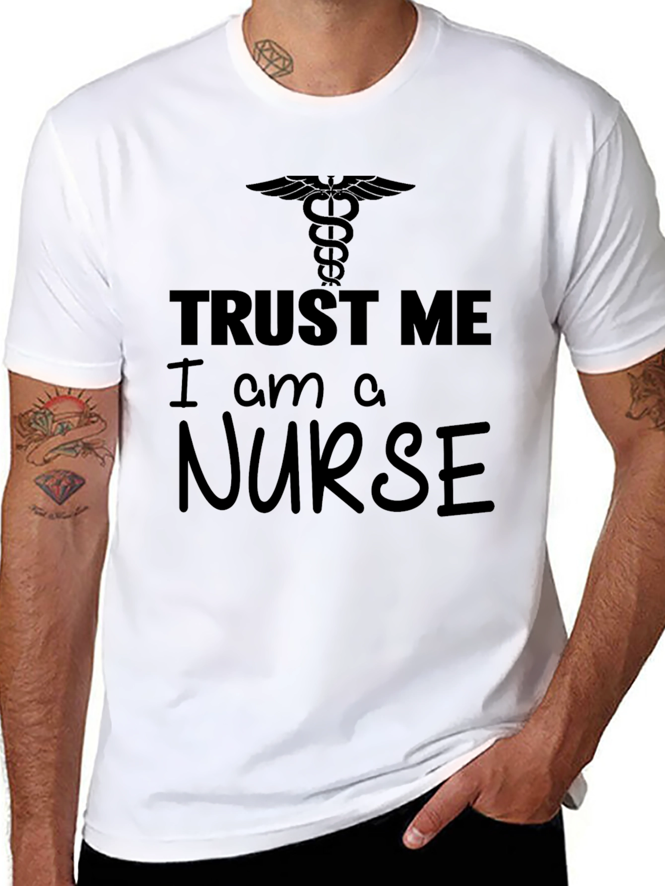 Black Trust Me I Am A Nurse T-Shirt, Caduceus Logo, Black Tee view 8