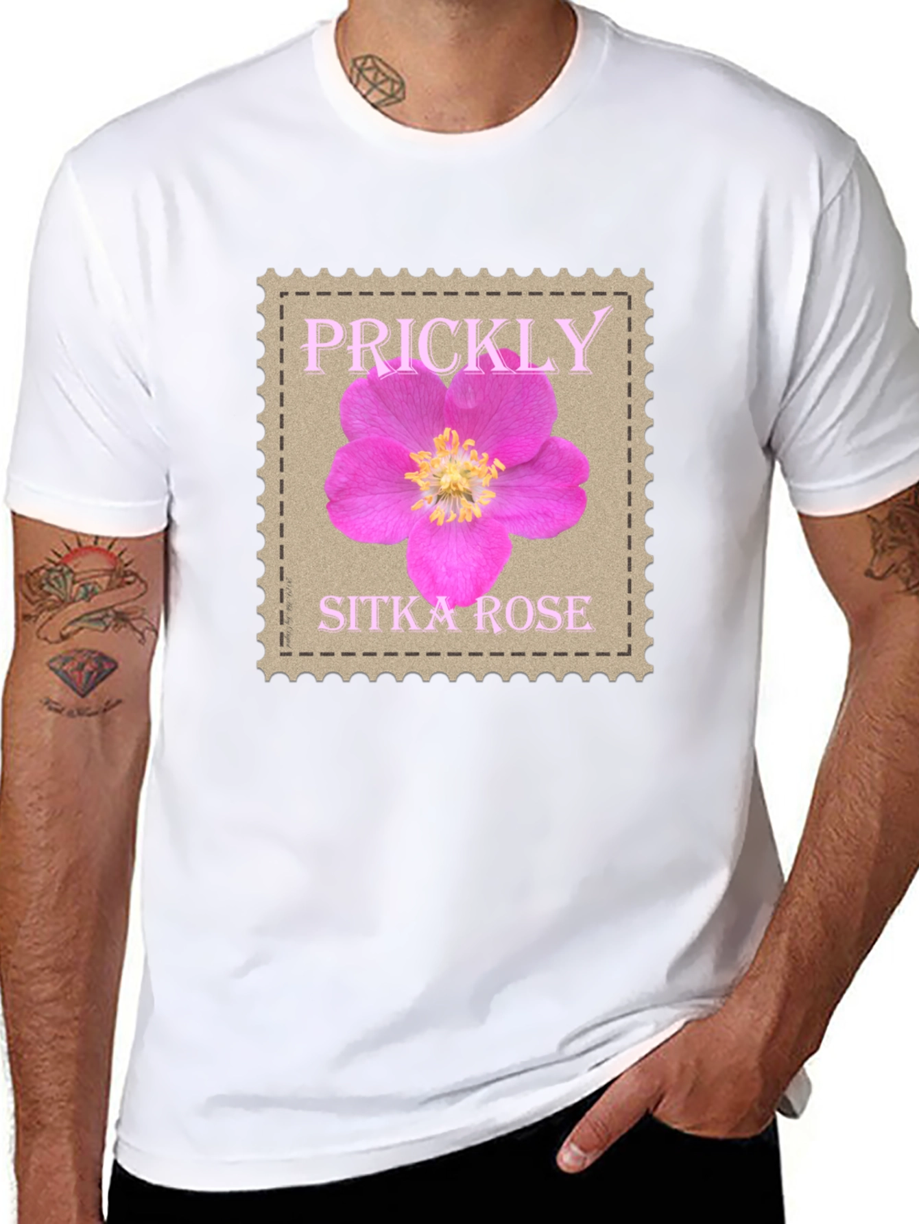 Black Prickly Sitka Rose Stamp Style T-Shirt view 8