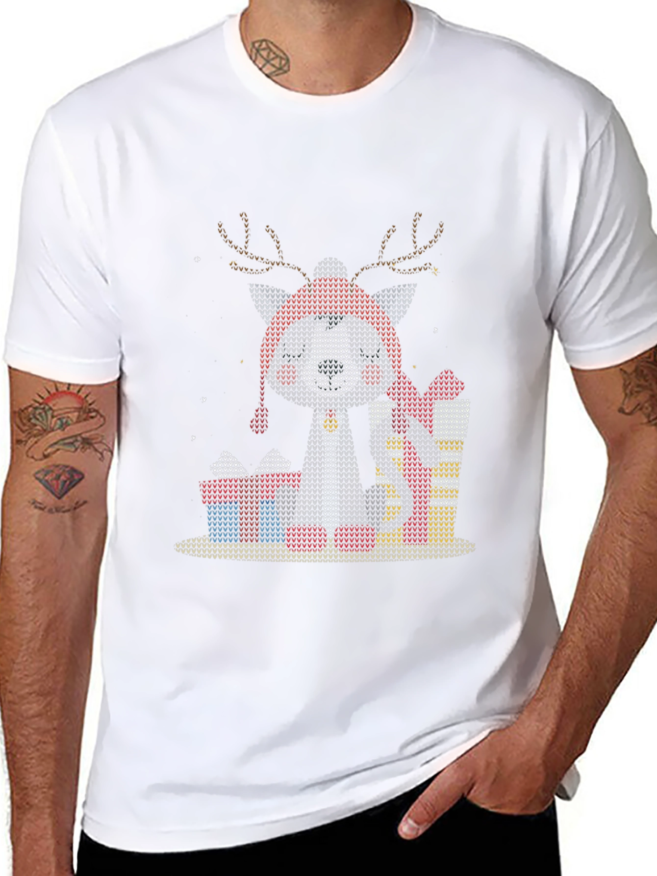 Black Festive Reindeer Dog Knit Pattern Tee view 8