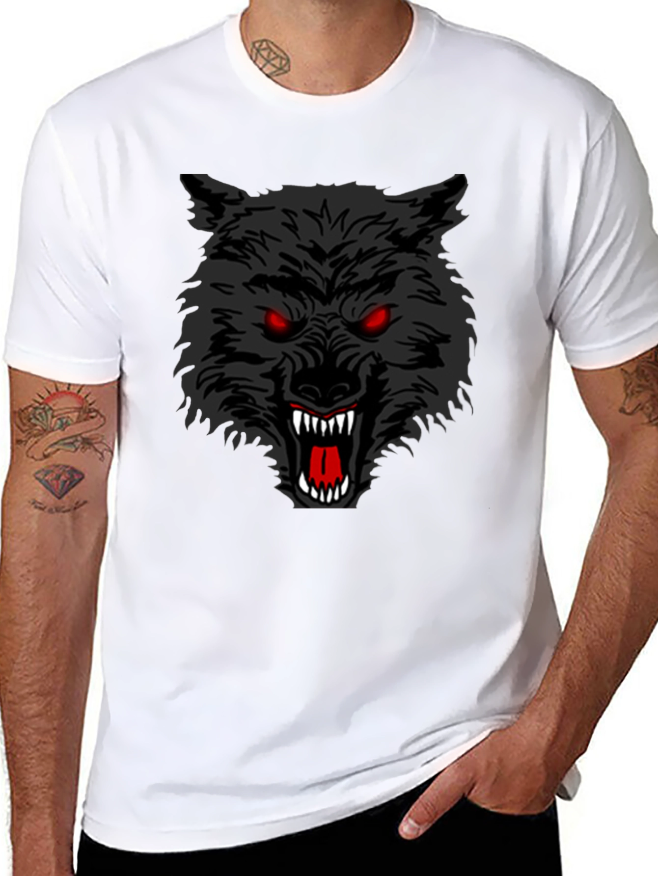 Black Men's Black T-Shirt with Aggressive Wolf Graphic view 8