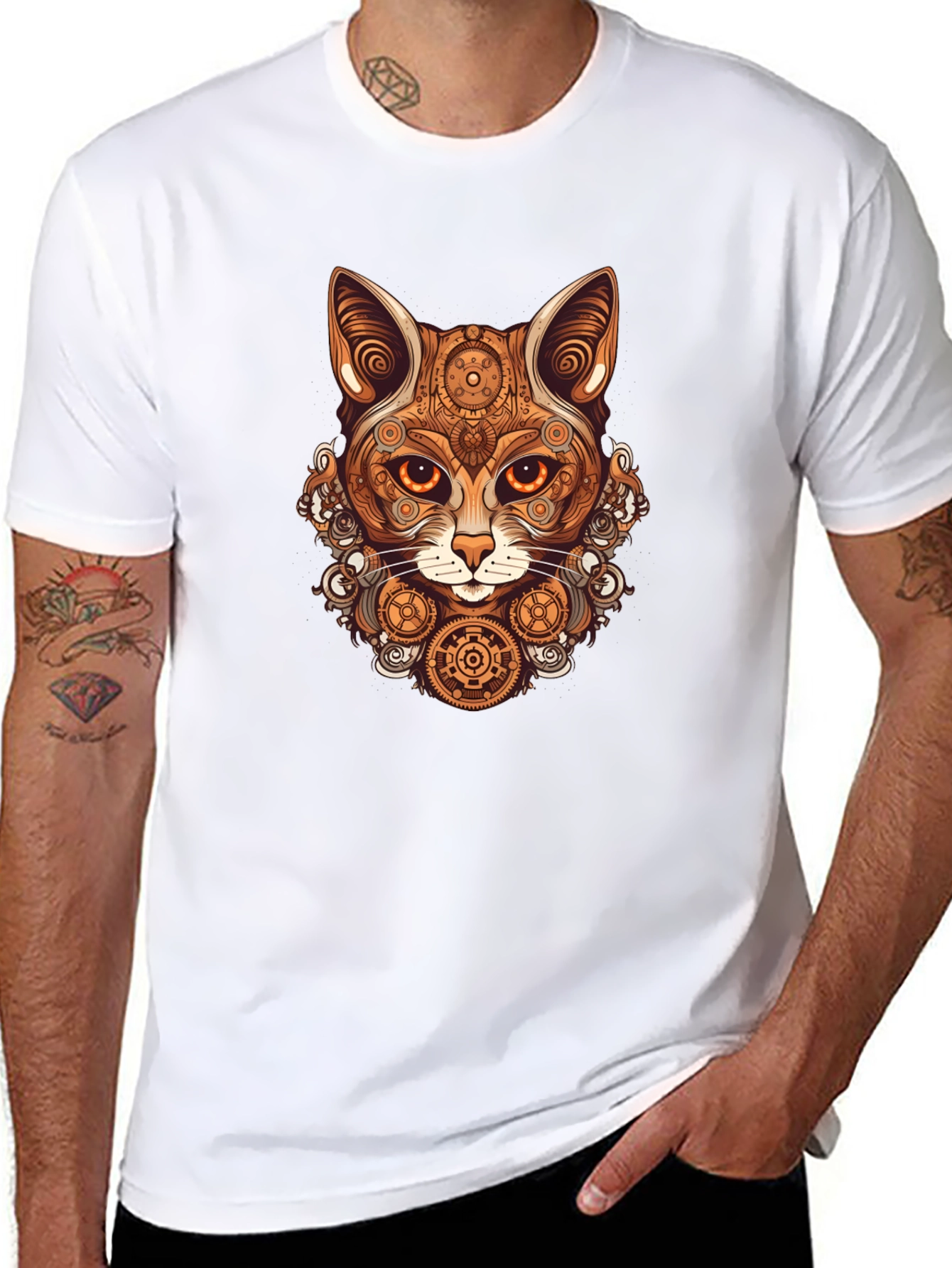 Black Steampunk Cat T-Shirt - Gearwork Feline Design view 8