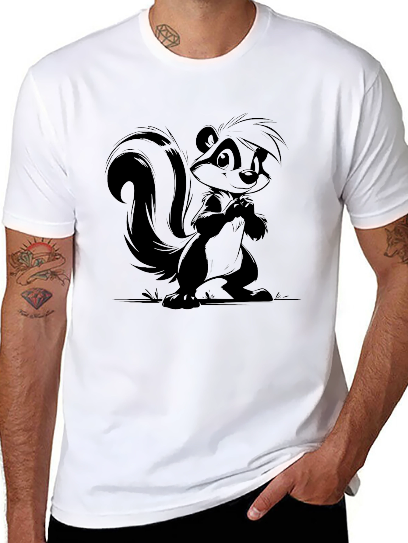 Black Skunk Cartoon Graphic Print T-Shirt view 8