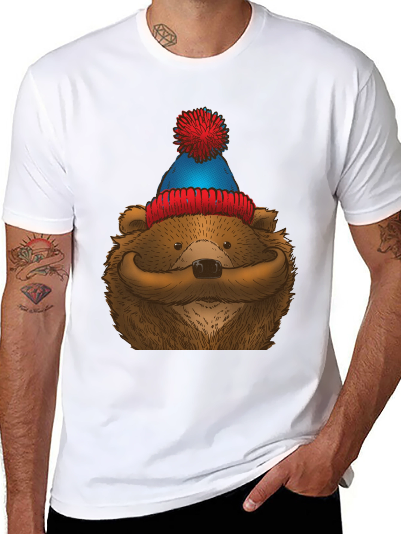 Black Bear with Mustache & Beanie T-Shirt view 8
