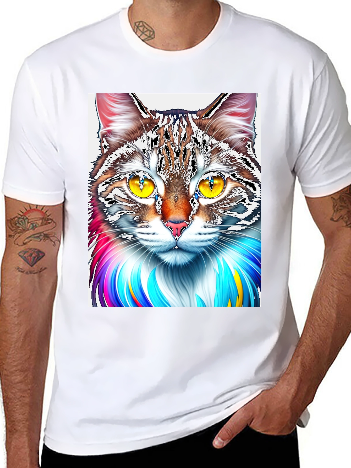 Black Colorful Cat Graphic Print Black T-Shirt view 8