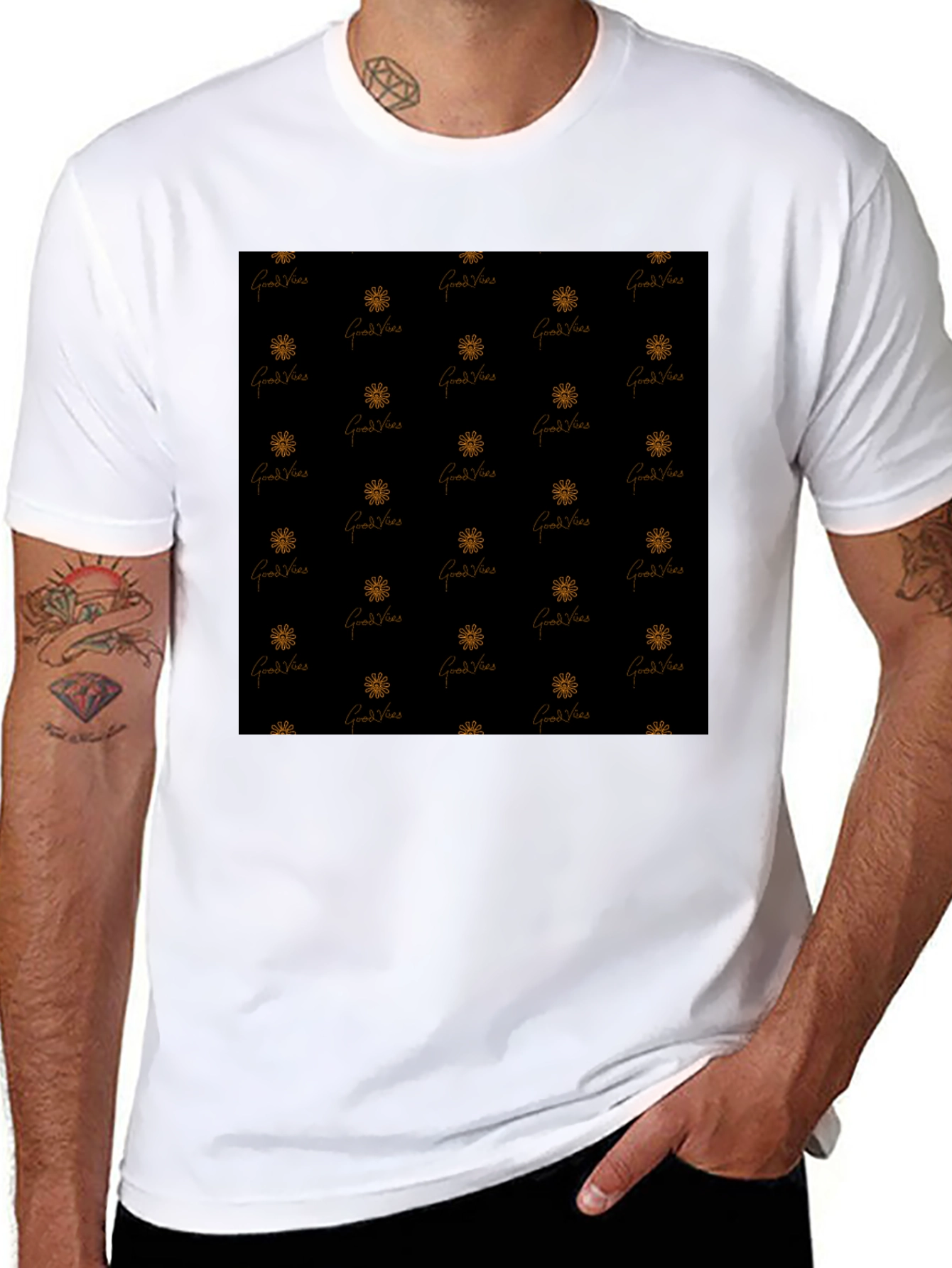 Black Good Vibes Patterned Black T-Shirt view 8