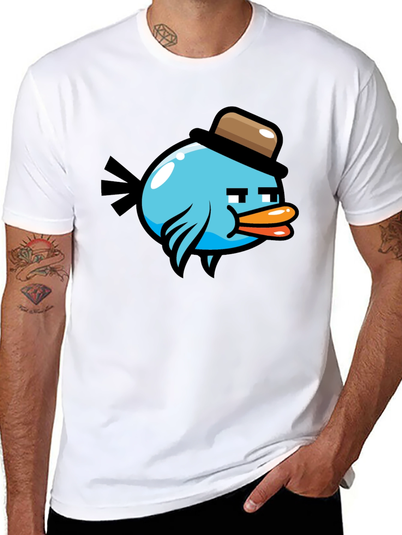 Black Cartoon Bird in Hat Graphic Tee - Black view 8