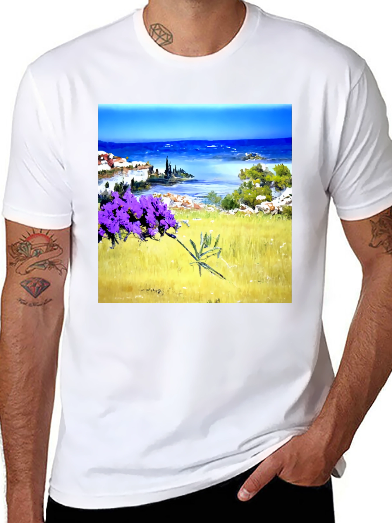 Black Coastal Lavender Art Print Black T-Shirt view 8