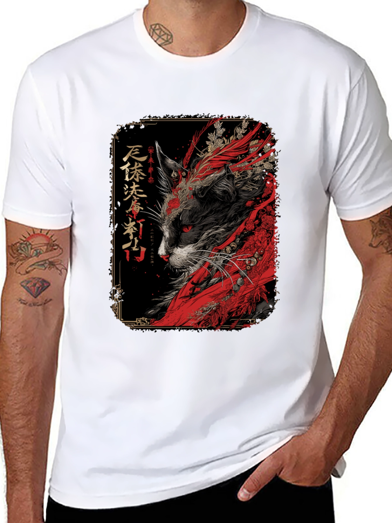Black Japanese Cat Art T-Shirt view 8
