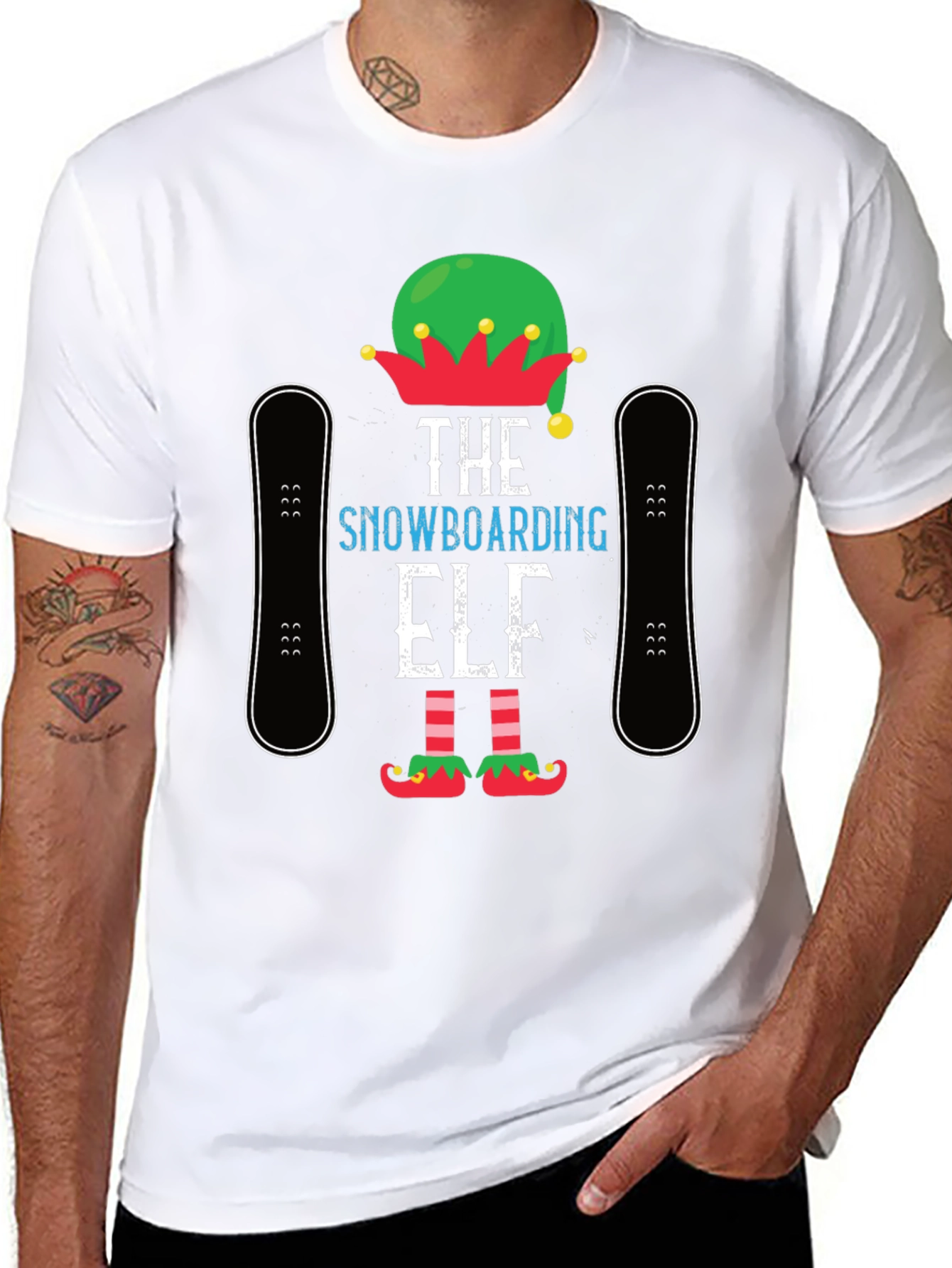 Black Snowboarding Elf T-Shirt: Holiday Fun! view 8