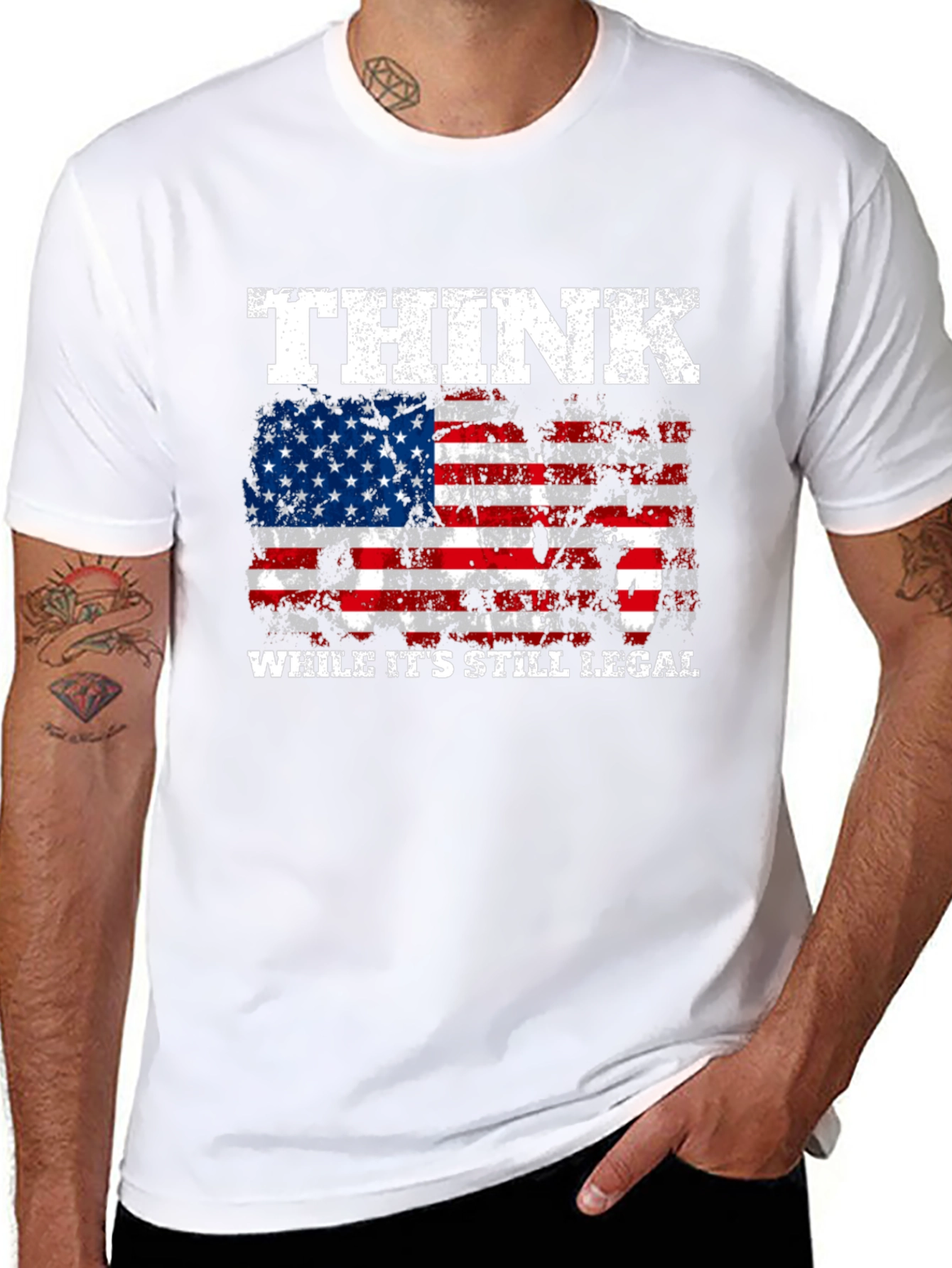 Black Think While It's Still Legal American Flag T-Shirt view 8