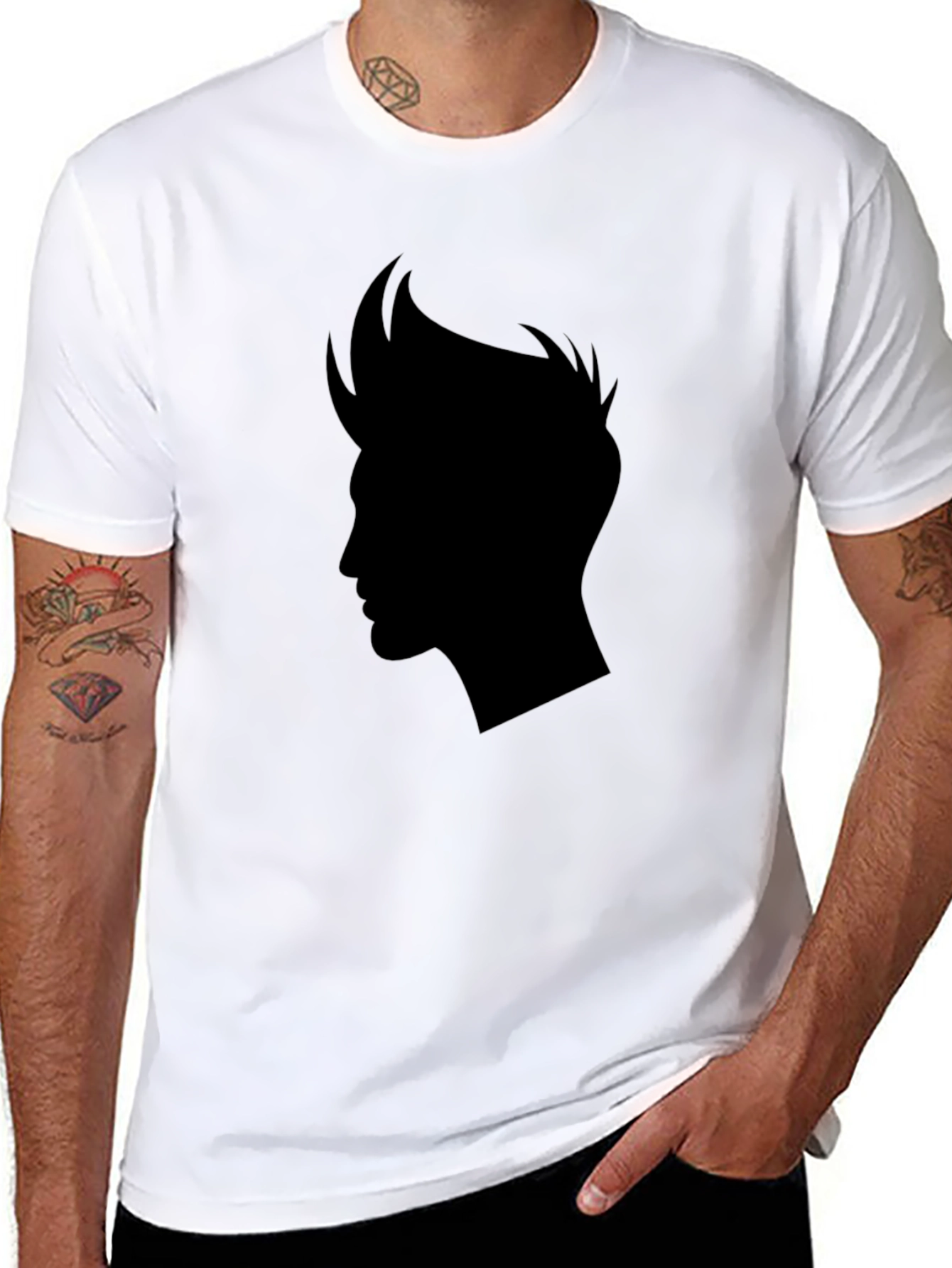 Black Men's Black T-Shirt with Stylish Hair Silhouette Graphic view 8