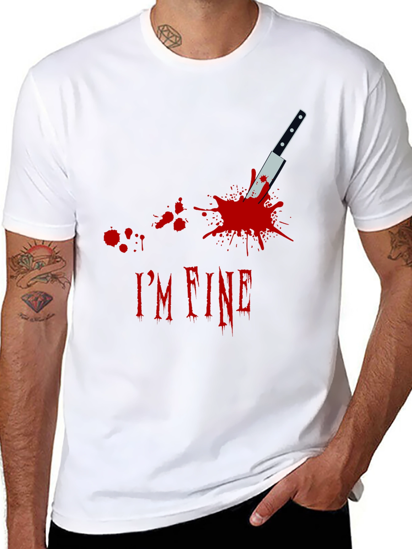 Black I'm Fine Knife Graphic Black T-Shirt view 8