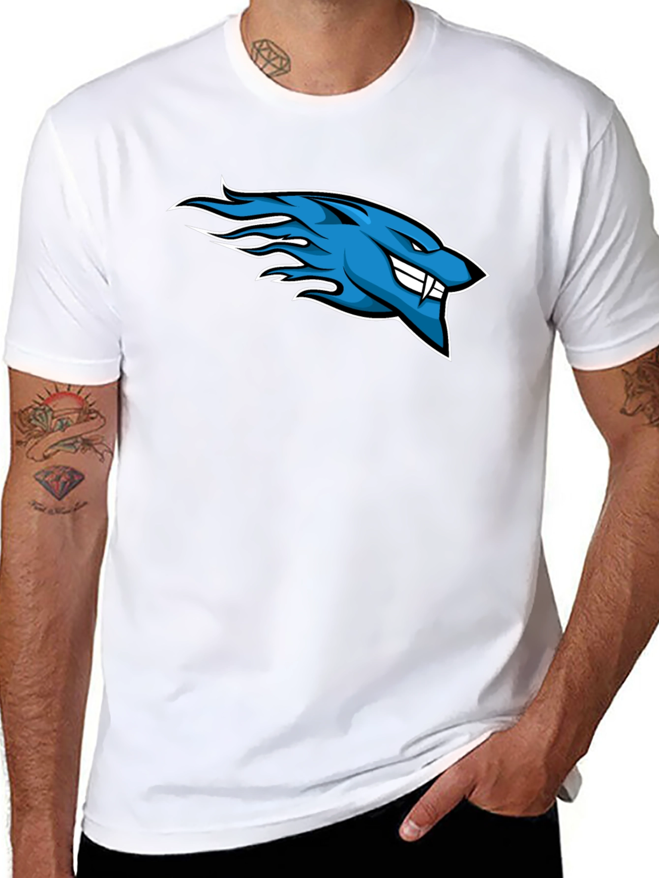 Black Men's Black T-Shirt with Blue Flaming Wolf Design view 8
