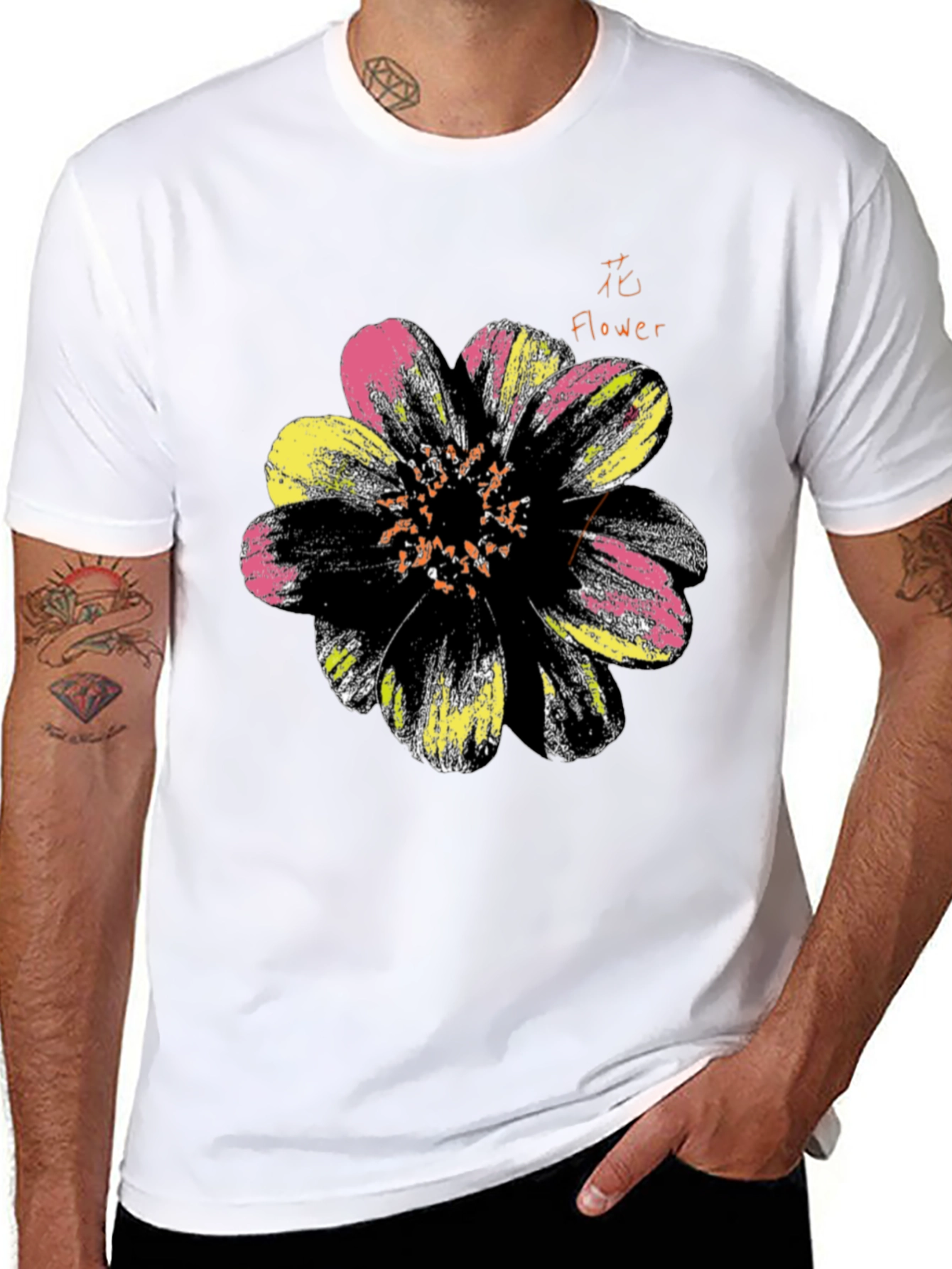 Black Floral Graphic Print Men's Black T-Shirt view 8